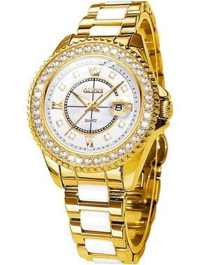 Olevs Women's White Dial Skeleton Diamond Gold Automatic Elegant Luxury Watch